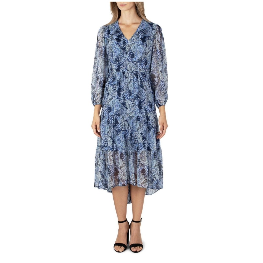 Joie Floral Tiered Midi‎ Dress Blue White V-Neck XXL Chiffon Lined 3/4 Sleeve